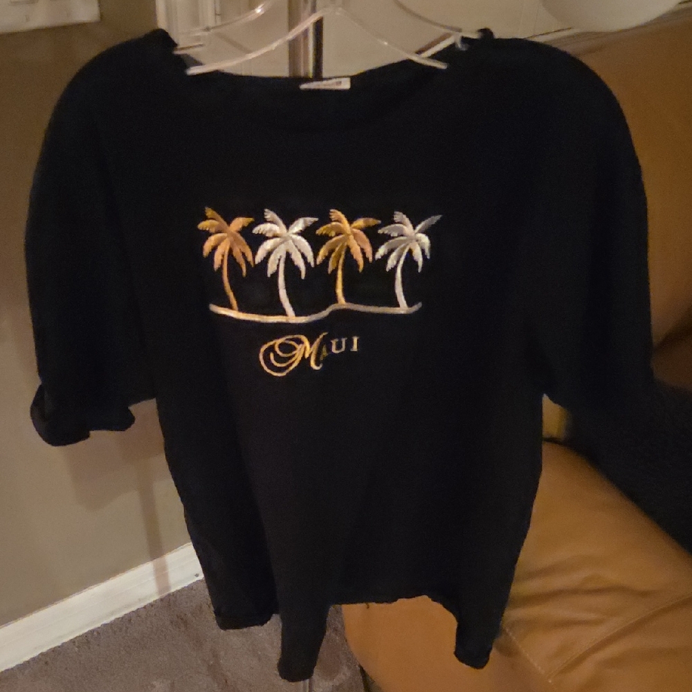 Anvil Maui Palm Embroidered Black T-Shirt Women’s Relaxed Fit Tropical Tee